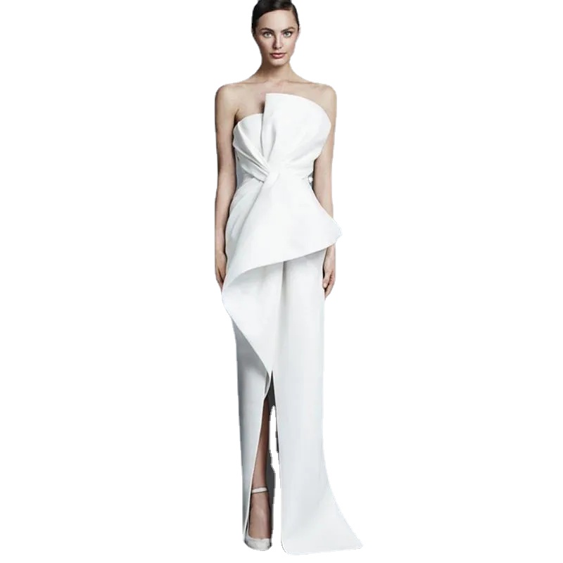 

Unique Strapless White Satin Split Evening Dresses Sheath Backless Pleats Long Women Formal Party Gowns Prom Pageant Dress