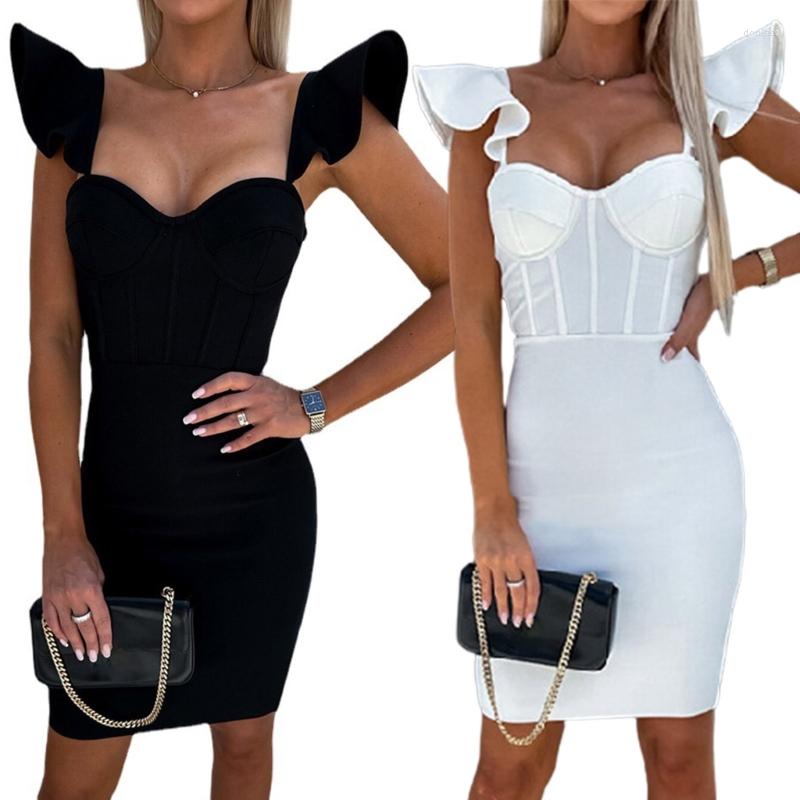 

Casual Dresses Womens Summer Fishbones Dress Flying Sleeves Solid Color Split Short Heart Neck High Waist Outfits For Parties, Black