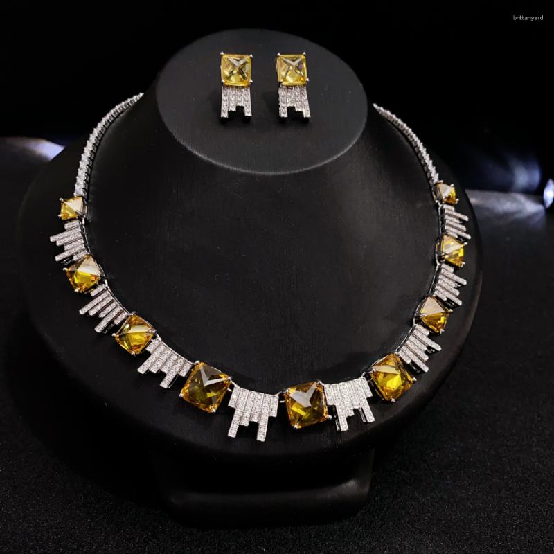 

Necklace Earrings Set Geometry Luxury Princess 2PCS Statement Yellow Jewelry For Women Wedding Party Full Cubic Zircon Dubai Bridal Gift, Picture shown