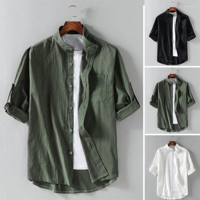 

Men's Casual Shirts Stand Collar Half Sleeve Patch Pocket Single Breasted Men Shirt Summer Solid Color Thin, Black