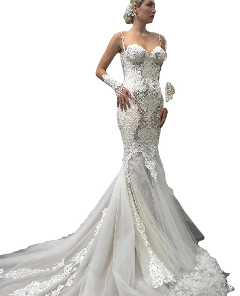 

Elegant Mermaid Wedding Dresses Top Quality Spaghetti Delicate Lace Applique Sweep Train Plus Size Illusion Bridal Gowns Custom Made, Red