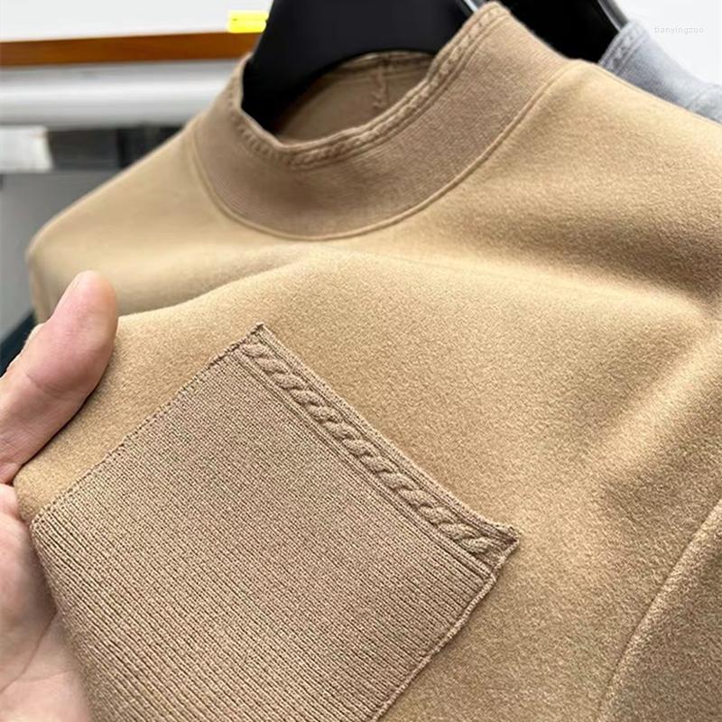 

Men's T Shirts High Grade Plush Warm Long Sleeved T-shirt Men's Half Collar Autumn And Winter Fashion Pocket Decoration Casual Pullover, Black