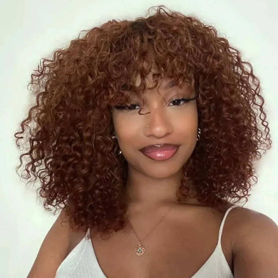 

Glueless Wigs With Elastic Band With No Front Lace, Reddish brown colored afro Human Hair Curly Wigs With Bangs, Water Wave Short Wig, Like pic