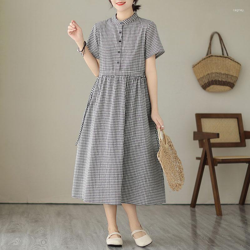 

Party Dresses 2023 Arrival Japanese Style Plaid Chic Summer Blouse Dress Draw String Office Lady Work Fashion Women Casual