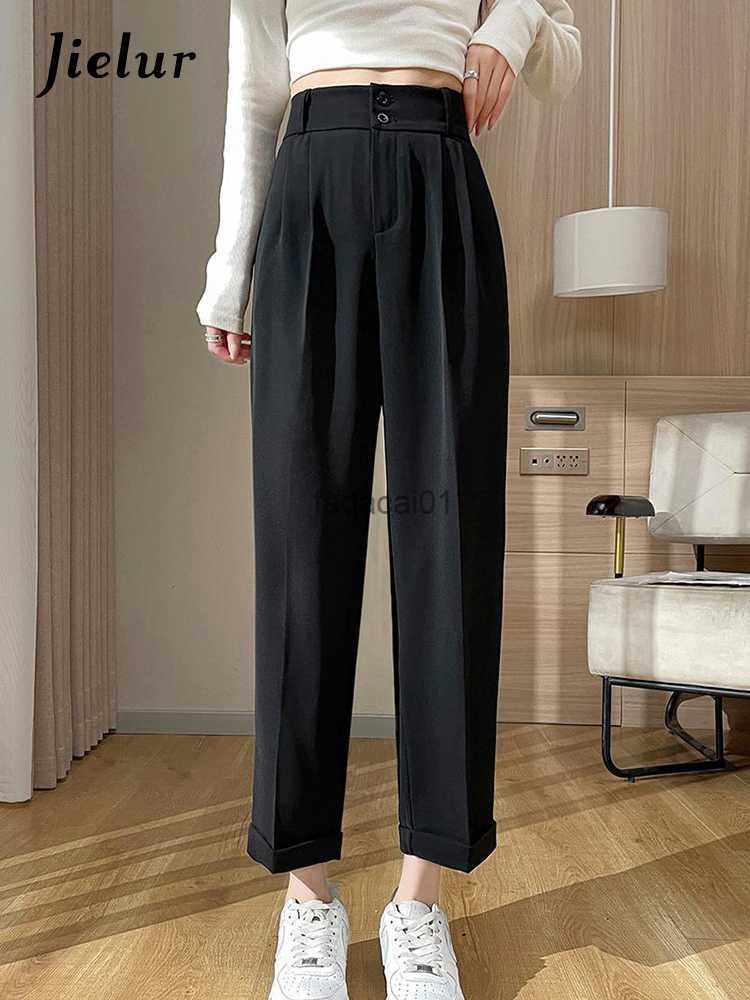 

Jielur Black High Waist Suit Harem Pants Loose Straight Solid Color Double Buttons Chic Zipper Womens Pants Simple Office Lady L230621