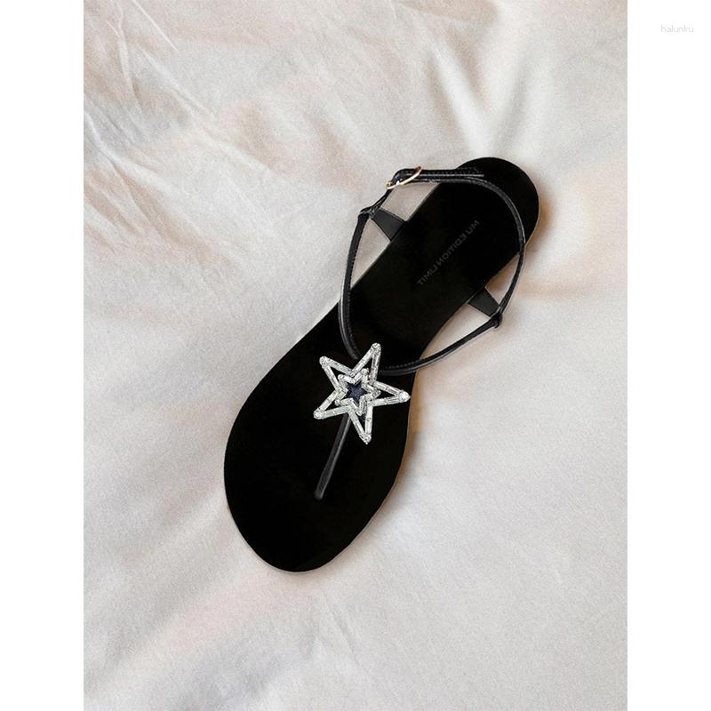 

Sandals 2023 Summer Fashion Crystal Rhinestones Clip Toe Slippers Women Flat, Black