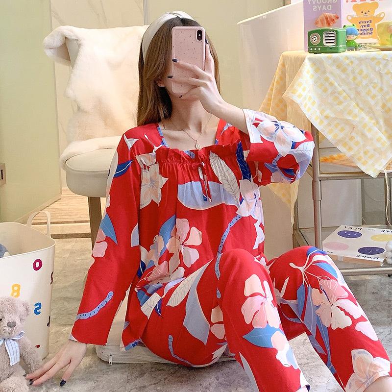 

Women's Sleepwear Printed Flower Female Viscose Pajamas Suit Loose Home Clothes Pyjamas Pour Femme 2PCS Shirt&Pants Set Loungewear, Red a