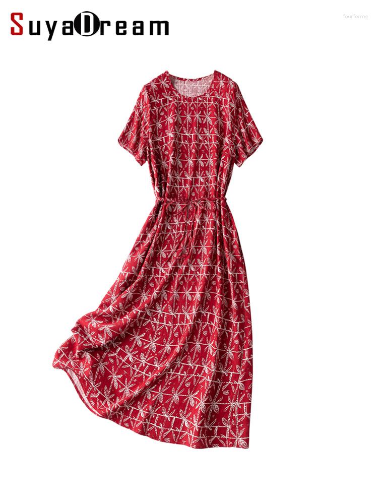 

Party Dresses SuyaDream Women Long Printed Spun Silk Round Collar Belted Red Dress 2023 Spring Summer Holiday Clothes