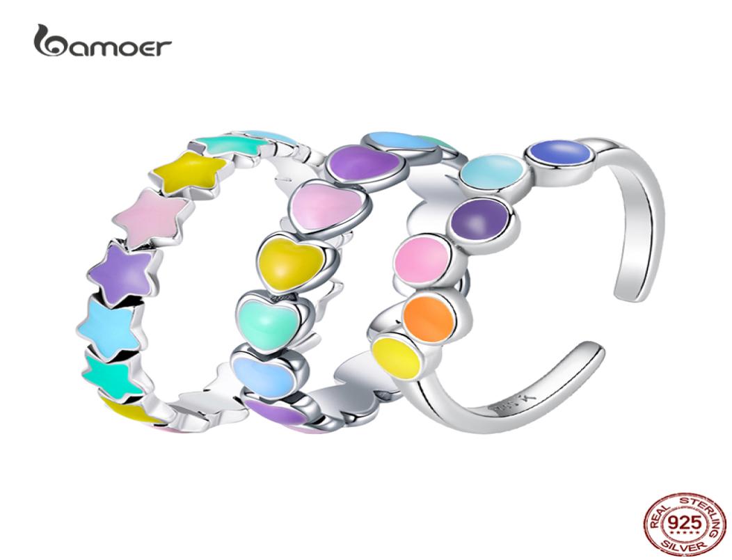 

s Bamoer New Fashion Rainbow Heart Shape Ring for Women Real 925 Sterling Silver Colorful Star Ring Fine All Match Jewelry9127146