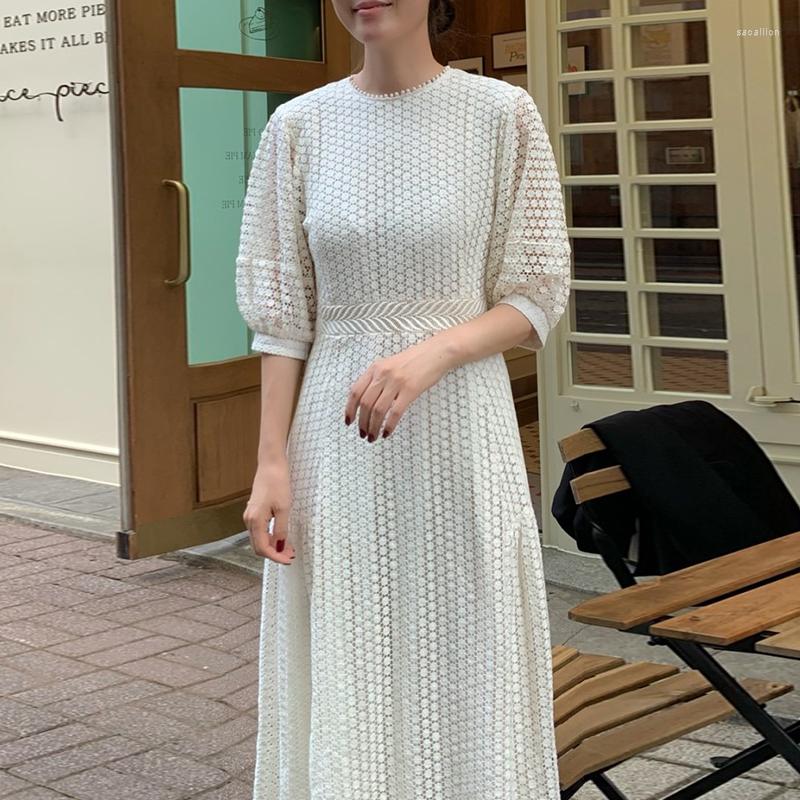 

Party Dresses French Vintage O-neck Lace Dress Female 2023 Summer High-quality Vestidos Temperament Waist Slim Half Puff Sleeve, Black