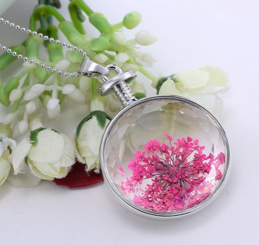 

Silver Chain Pendant Necklaces For women Fashion Glass Locket Dry Flower Necklace Real Natural Dried Flower Bottle Necklace4332439