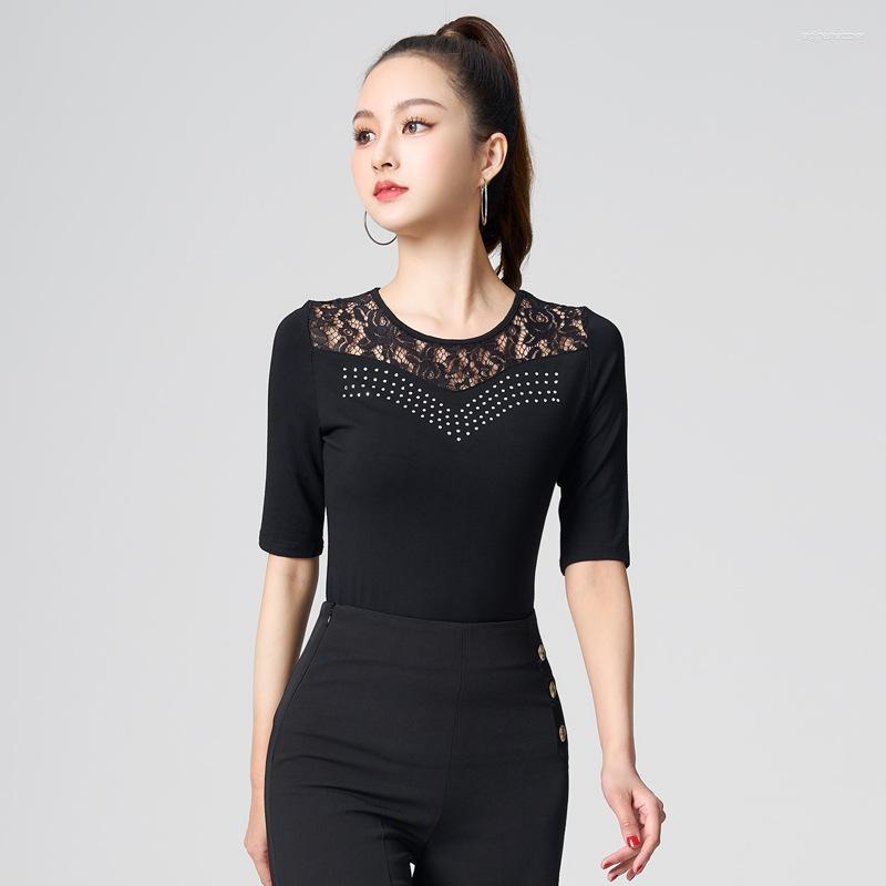 

Stage Wear Latin Dance Top Women Lace Modern Clothes Adult National Standard Drilling Fashion Summer, Black