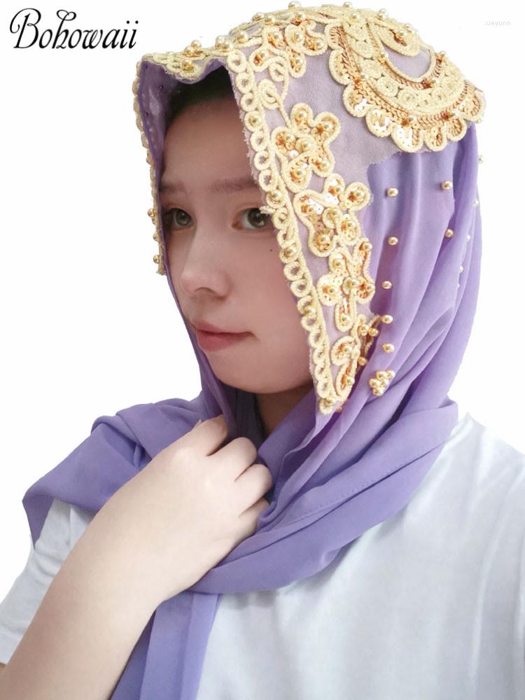

Ethnic Clothing BOHOWAII Muslim Foulard Femme Hijab Head Scarf Fashion Sequins Beads Turbans For Women Long Headbands Chiffon Hijabs