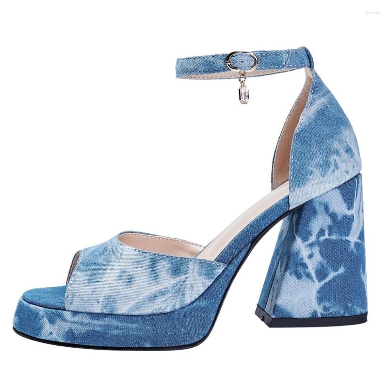

Sandals Denim Peep Toe Women's High Heels Round Head Thick Heel Sole Buckle Fashion Large Size For Women, Blue