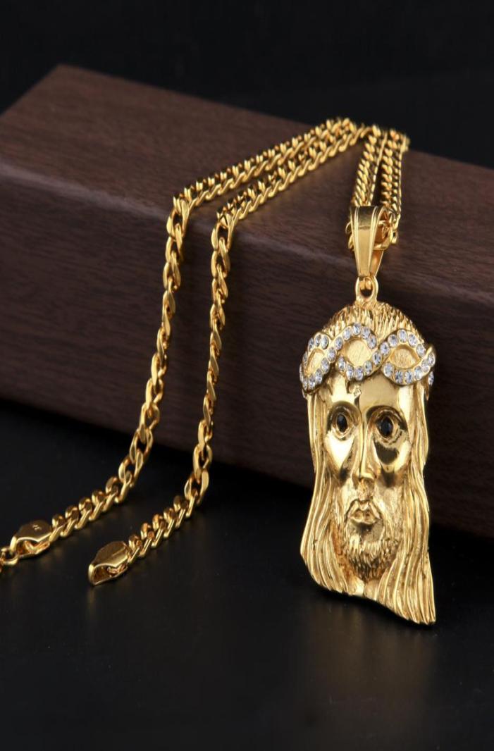 

NEW Hip Hop Jewelry Jesus Christ Rhinestone Pendant Necklace Stainless Gold Plated With 60cm Chain For Men Lover Gift Rapper Acces2695658