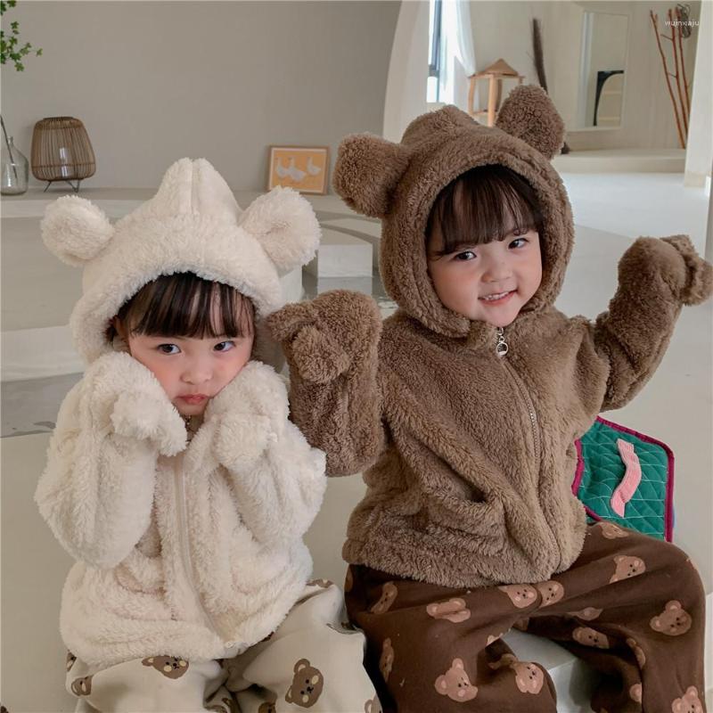 

Jackets Winter Children Fleece Boy Coats Thicken Baby Boys Girls Outerwear Coat Bear Hooded Kids Zipper Lambswool Keep Warm, Only coat