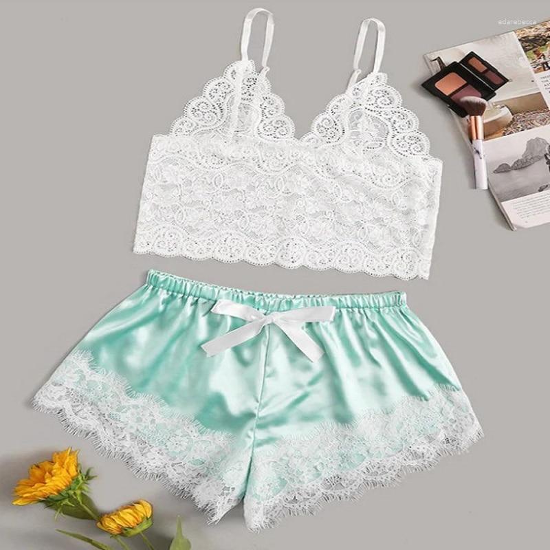 

Women' Sleepwear Women' 2 Pcs Sets Tops Shorts Sexy Lace Satin Pajama Casual Cami Homewear Sleeveless Pyjama, Green