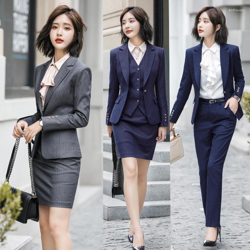 

Women's Two Piece Pants Autumn And Winter Striped Wool Long Sleeve Suit Women's Slim Fit Suits El Beautician Work Clothes, Gray striped waistco