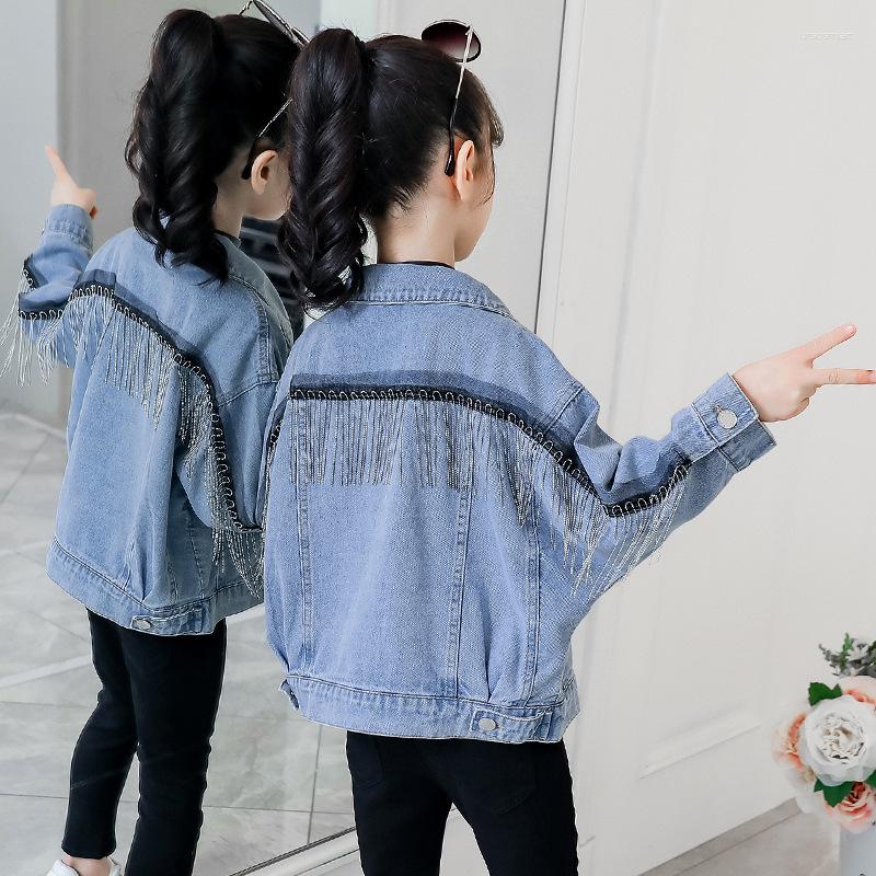 

Jackets Girls Trendy Beading Tassels Denim Jacket Spring Children's Casual Cotton Coat Female Kids Student Autumn Clothes Outerwear B258