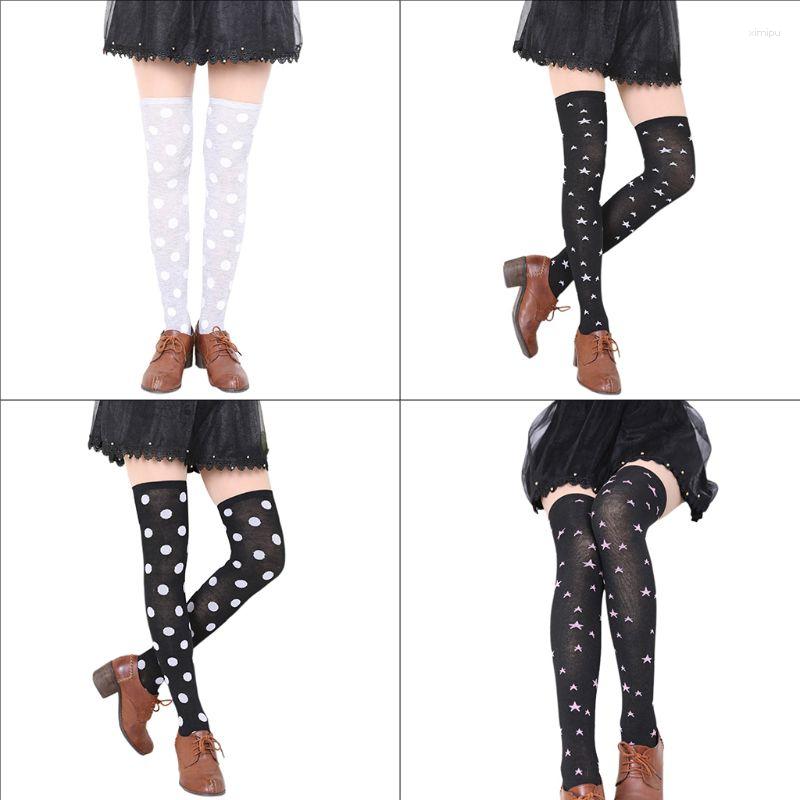 

Women Socks Japanese Preppy Style Girl Over Knee Long Polka Dot Star Print Stret, White