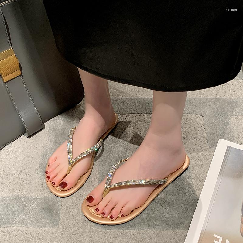 

Sandals Women's Shiny Crystal Clip Toe Flat Slippers 2023 Summer Fashion Pu Leather Non-Slip Sexy Flip Flops Ladies Low Heel Beach Shoes, Black