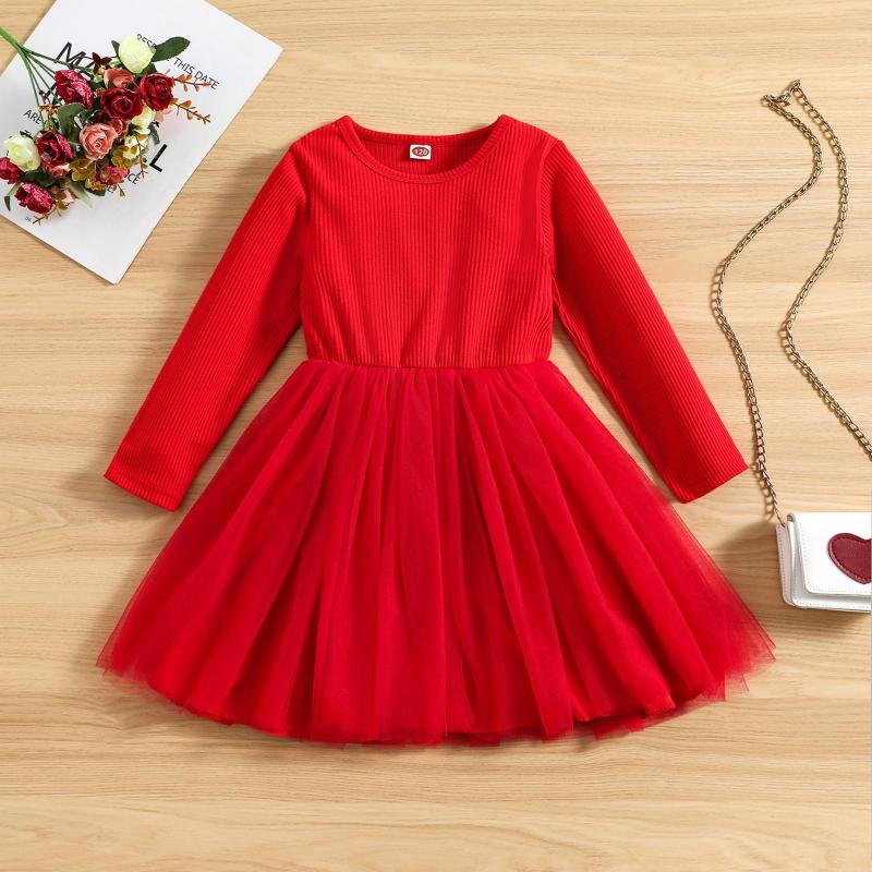 

Girl Dresses Christmas Girls Red Dress Infant Baby Ribbed Solid Autumn Winter Long Sleeve Tulle Princess Clothes Xmas Party