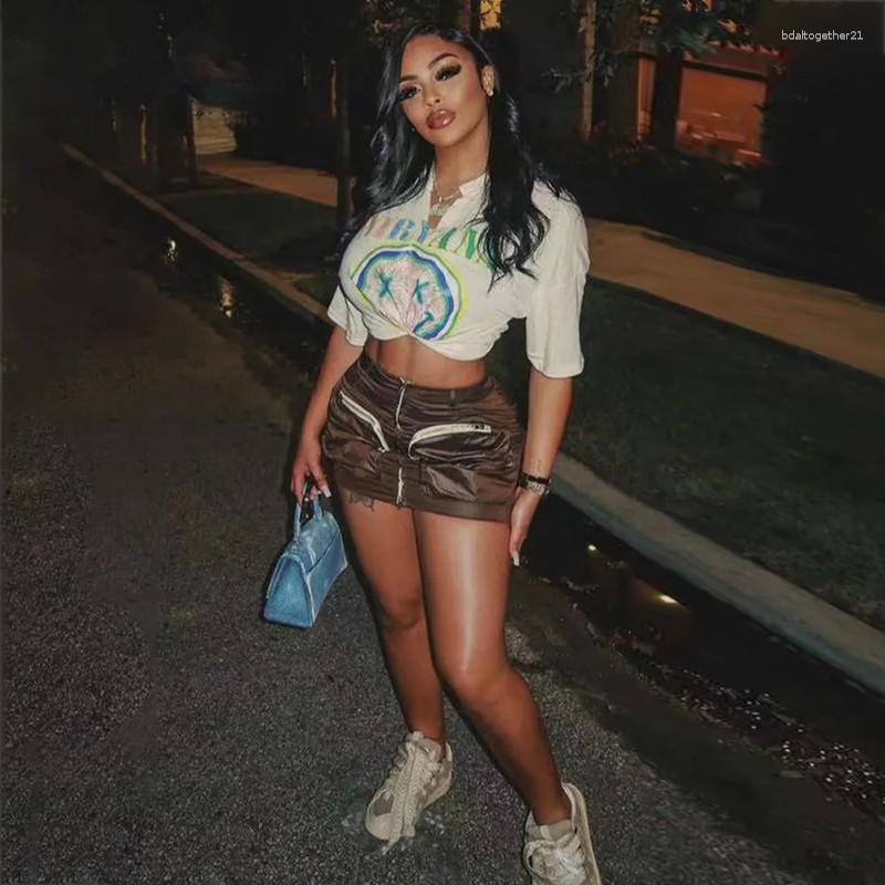 

Skirts Sexy High Waisted Brown For Women Clothing 2023 Fashion Y2K Pockets Mini Skirt Female Bottoms Streetwear, Auburn