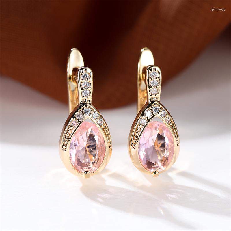 

Backs Earrings Luxury Female Pink Stone Yellow Gold Color Clip For Women Charm Crystal Zircon Wedding