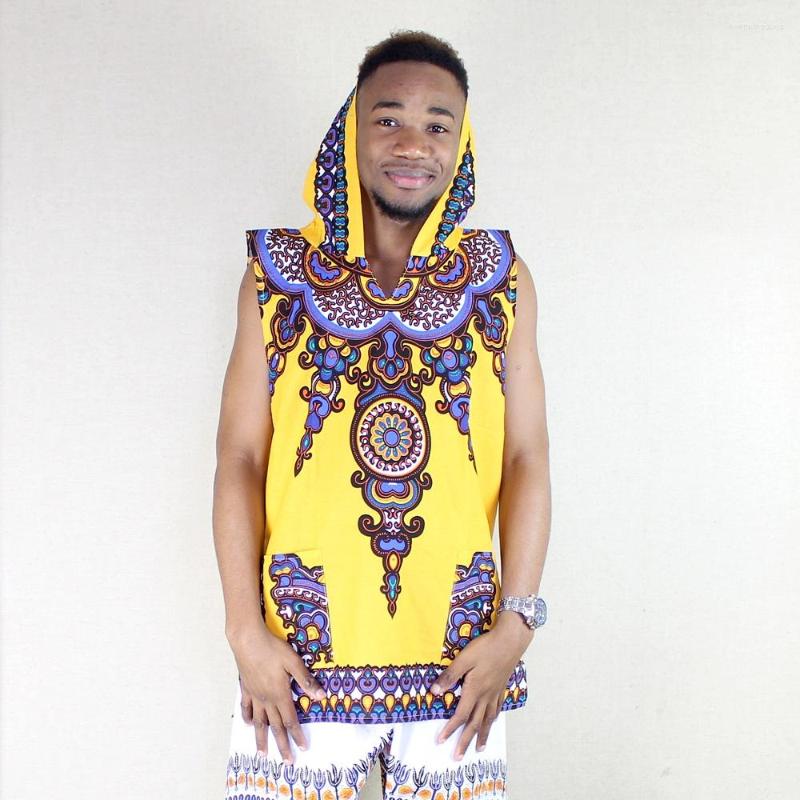 

Ethnic Clothing Cotton Sleeveless Yellow Pockets African Dashiki Shirt With Hood Men Clothes
