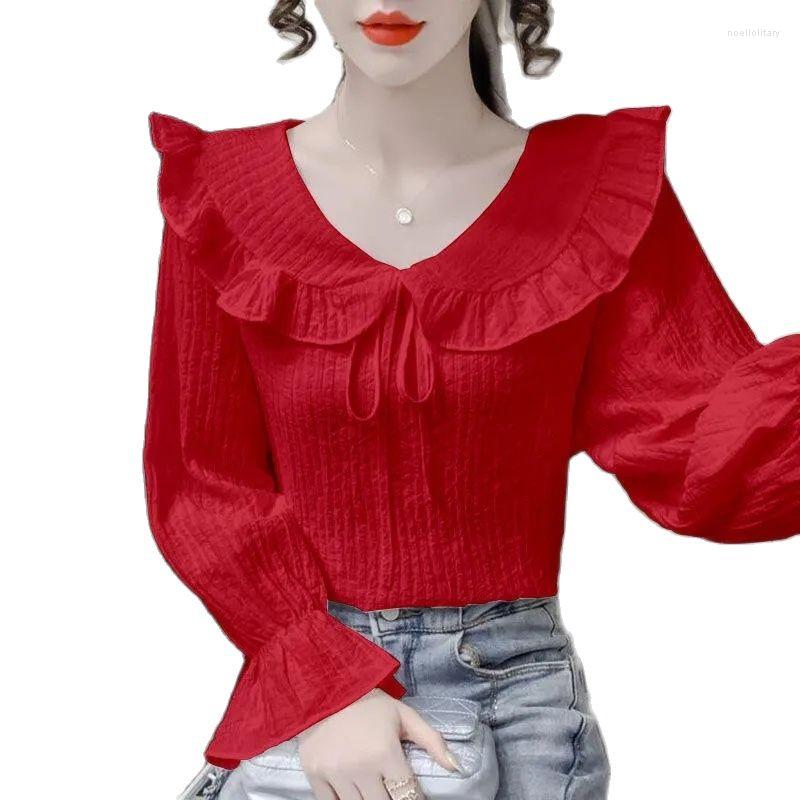 

Women' Blouses Fashion Doll Collar Pleated Bubble Sleeve Shirt Women' Blouse Spring Autumn Korean Loose Slim Chiffon Bottoming Female, White