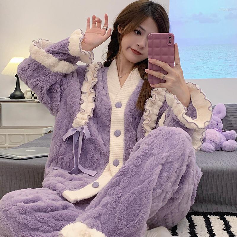 

Women's Sleepwear Coral Velvet Pajamas For Women Winter Thicken Plush Purple Sweet Lovely Flannel Female Pyjama Fashion Homewear Clothes, W41