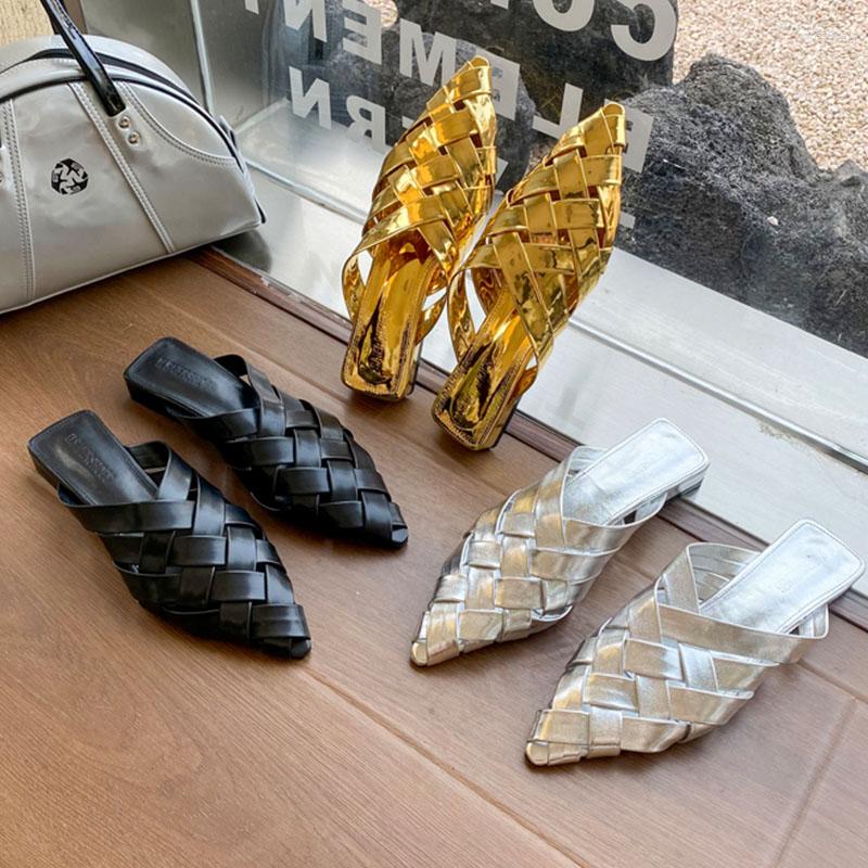 

Slippers 2023 Summer Women Slipper Gold Fashion Weave Pointed Toe Slip On Ladies Mules Shoes Flat Heel Sandal Dress Slides, Black