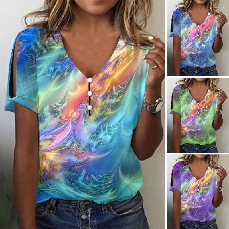 

Women's Blouses Women T-shirt Tie-Dyed Print V-neck Summer Top Buttons Decor Short Sleeve Pullover Tops Loose Fit Female Tee For Dialy Wear, Green