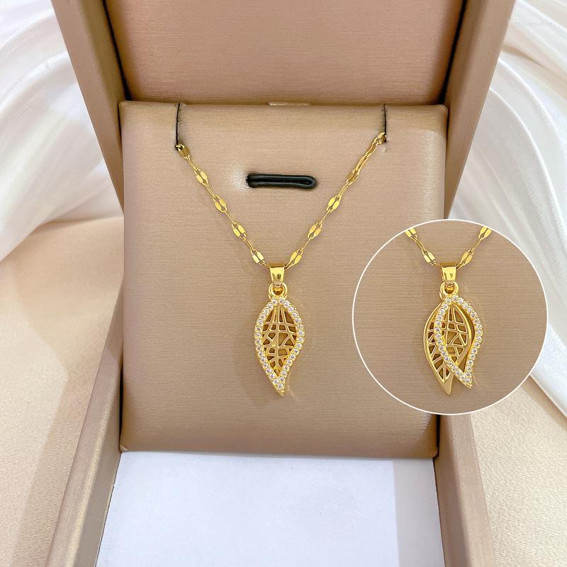

Pendant Necklaces Stainless Steel Crystal Leaves Plant Bohemian Pendants Noble National Choker Female Chain Necklace For Women Jewelry