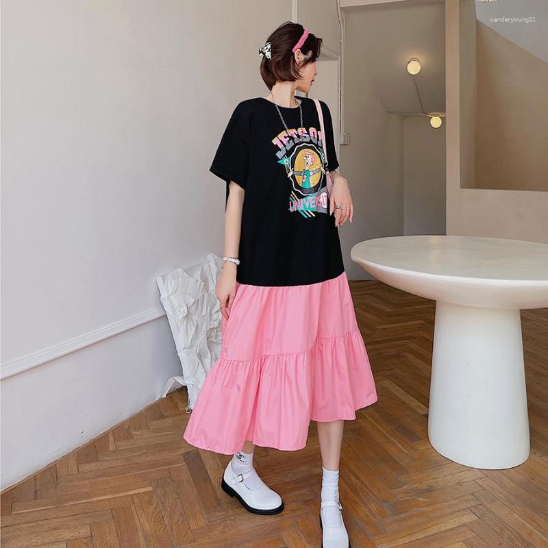 

Party Dresses Summer Loose Big Yards Color Matching Stitching Smoke Plait Skirt Off Two Short Sleeve Dress, Picture color
