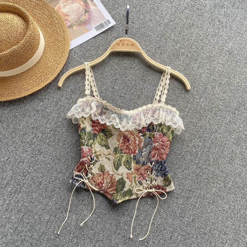 

Women's Tanks Spaghetti Strap Vintage Camis Women Floral Print Lace Drawstring Patchwork Female Corset Crop Tank Tops Skinny Camisoles, Green