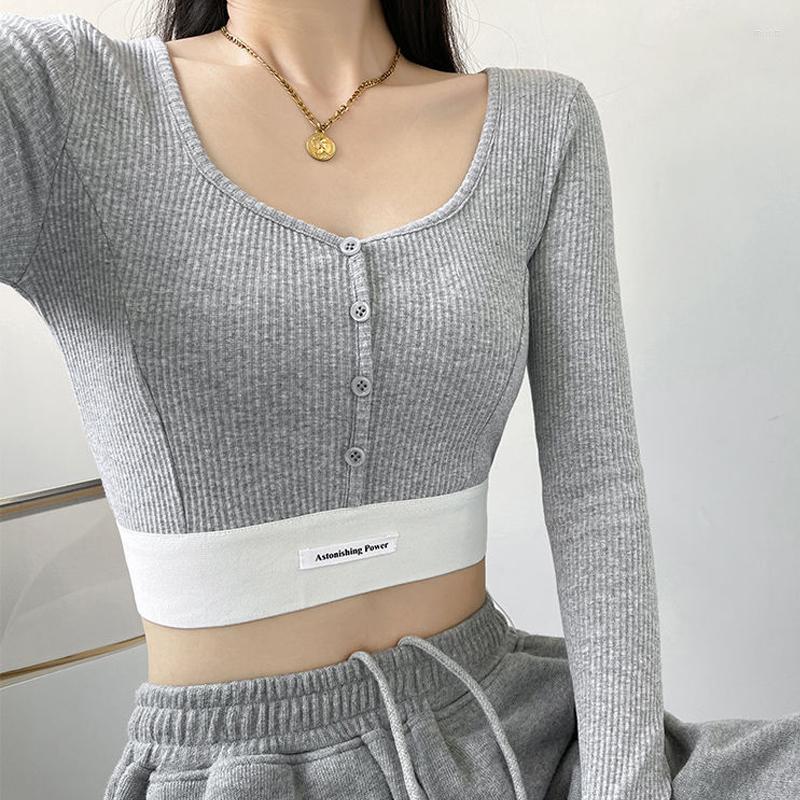 

Women' T Shirts Fashion Patchwork Y2k Crop Tops Women Spring Autumn Slim Square Neck Shirt Streetwear Single Breasted Long Sleeve Top, Black