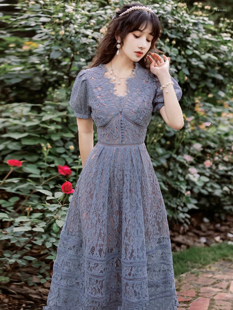 

Party Dresses Summer Women Delicate Lace Midi Dress French Romantic Fairy Hollow Out Feminine Puff Sleeve Chic Elegant Vintage, As the photo