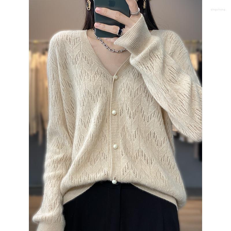 

Women' Knits 2023 Women' Cardigan Beautiful Nuo Wool Sweater Solid Knitted V-neck Hollow Out Thin Coat, Beige
