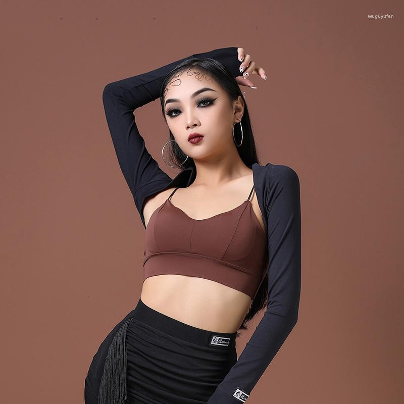 

Stage Wear Latin Dance Costumes For Women Long-Sleeved Cardigan Shirts Female Adult Outer Shawl Short Tops Clothes DN10728, Picture shown