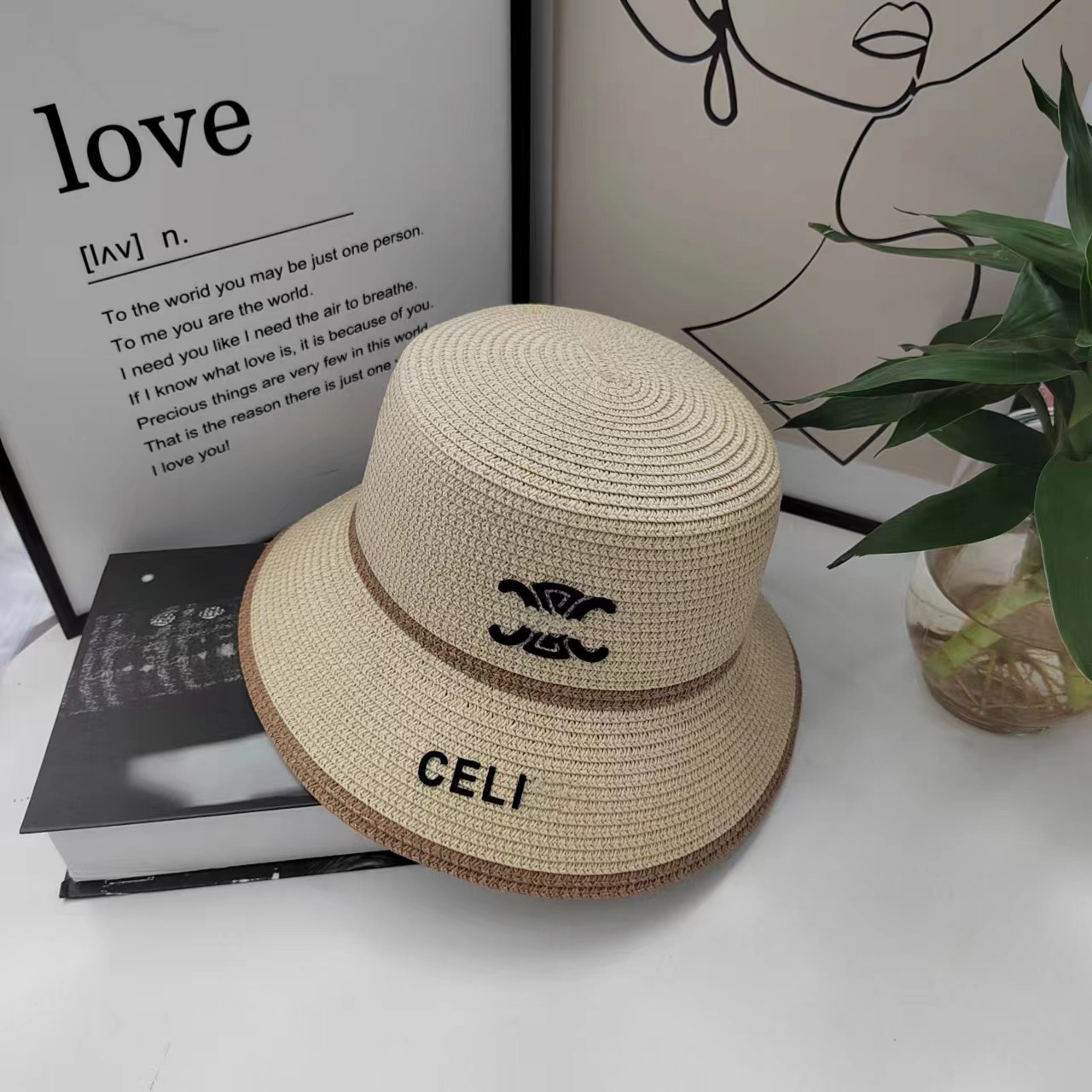 

High-end Contrast Color Letter Mark Straw Hat Summer Outdoor Sun Hat Face Small Elegant Bucket Bucket Hats Women