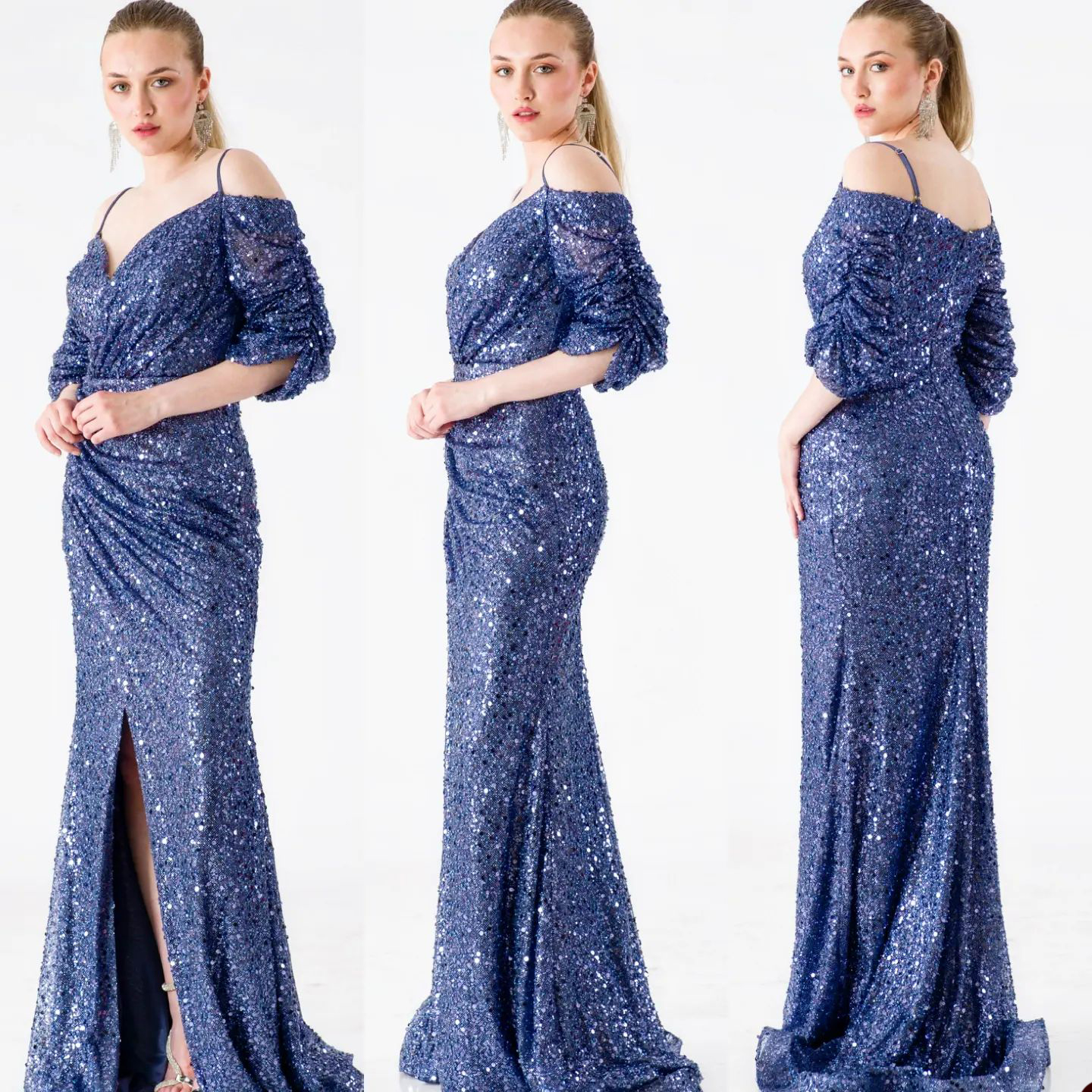 

Glamorous Mermaid Prom Dresses Off the Shoulder Sequined Side Split Pleats Backless Zipper Court Gown Custom Made Plus Size Party Dress Vestido De Noite, Champagne