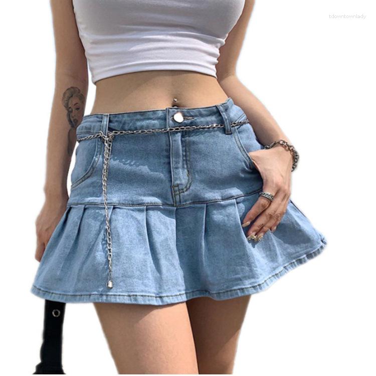 

Skirts Summer Denim Skirt Female Mini Y2k Pleated High Waist Sexy Blue Slim, Dark