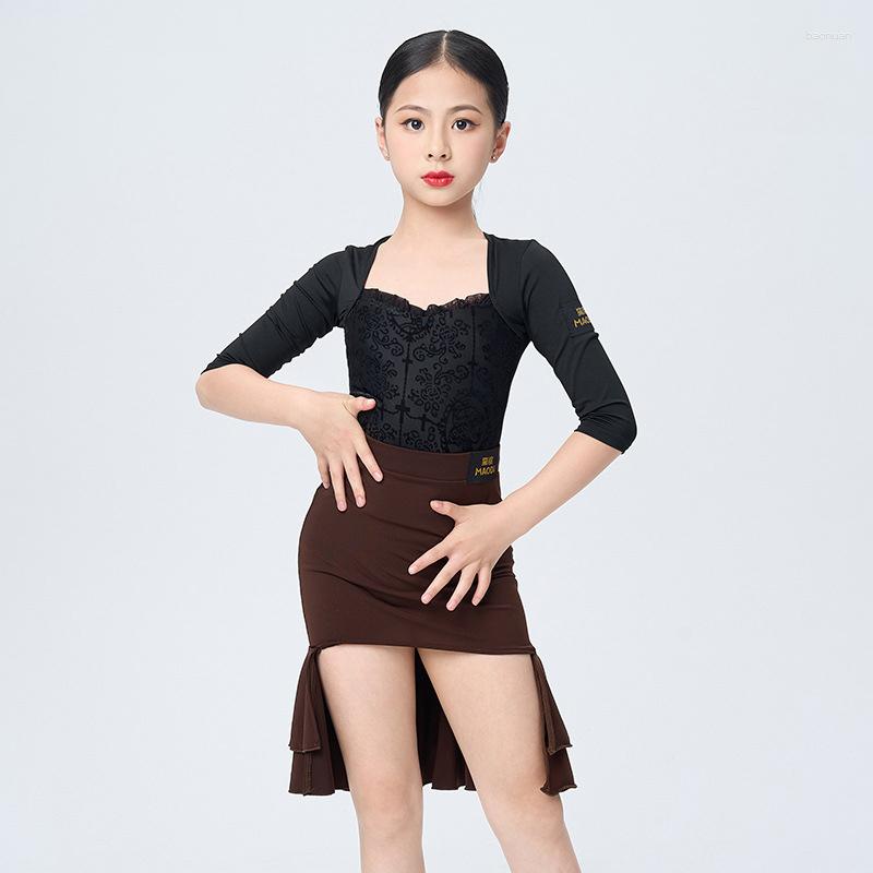 

Stage Wear Girls Latin Dance Costume Black Bodysuit Irregular Skirt ChaCha Dancer Outfit Practice Clothes Rumba Dancewear DL10587