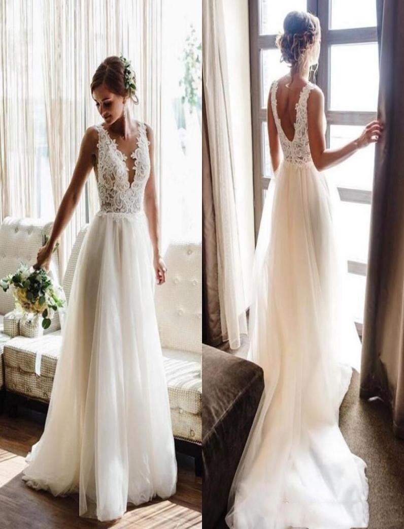

2020 Country V Neck Sleeveless Tulle Wedding Dresses Bohemian A Line Sweep Train Boho Bridal Gowns With Lace3892697, Champagne
