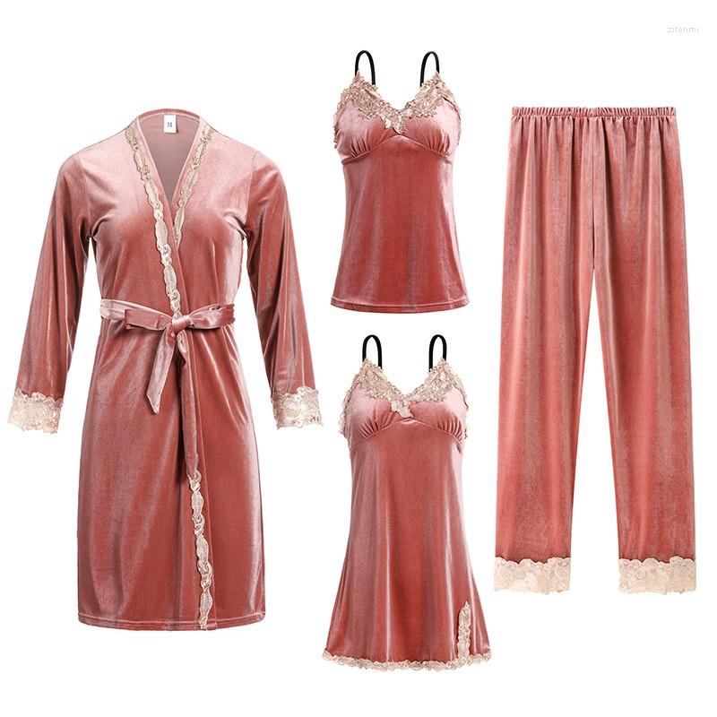 

Women's Sleepwear Velvet Pajamas Suit Intimate Lingerie Velour Lace Home Clothing 4PCS Kimono Robe Casual Autumn Bathrobe Gown, Pink 4pcs set c