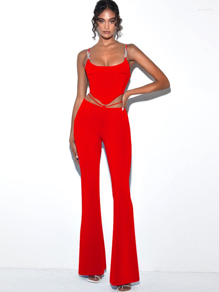 

Women's Two Piece Pants Top And Bandage Set 2 Pieces Red Sets Womens Bodycon Elegant Sexy Christmas Evening Birthday Club Outifit 2023