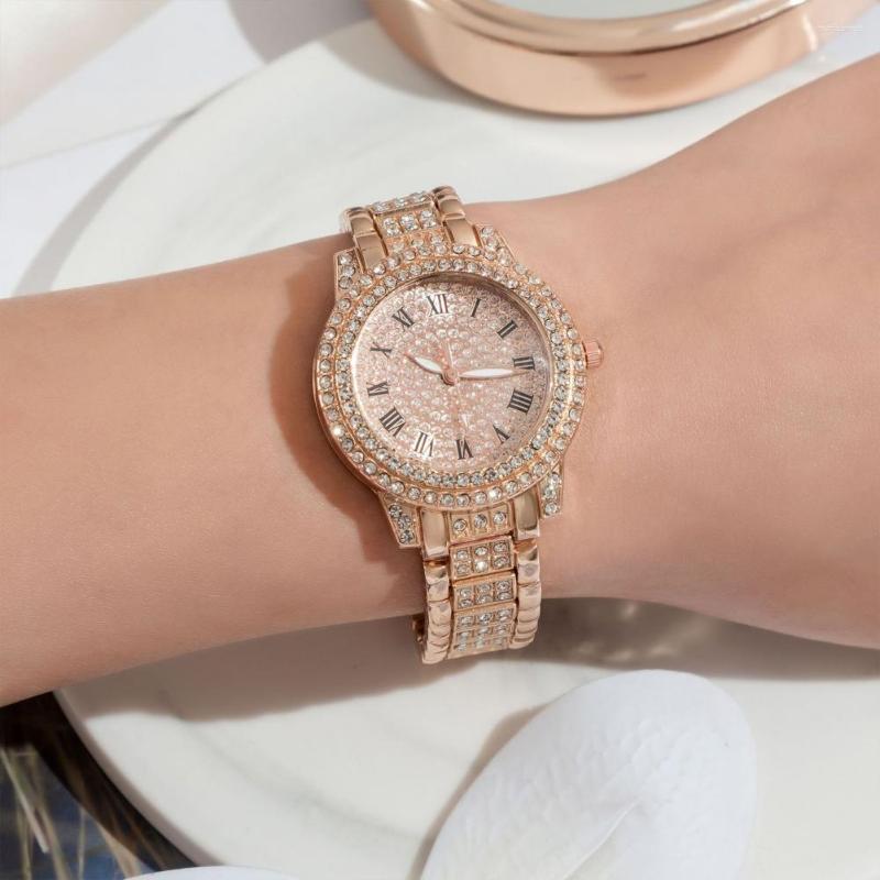 

Wristwatches 2Pcs/Set Exquisite Fashion Women Wristwatch Perfect Gift Cuff Bangle Temperament Elegant Ladies Watch Costume Accessory, Rose gold