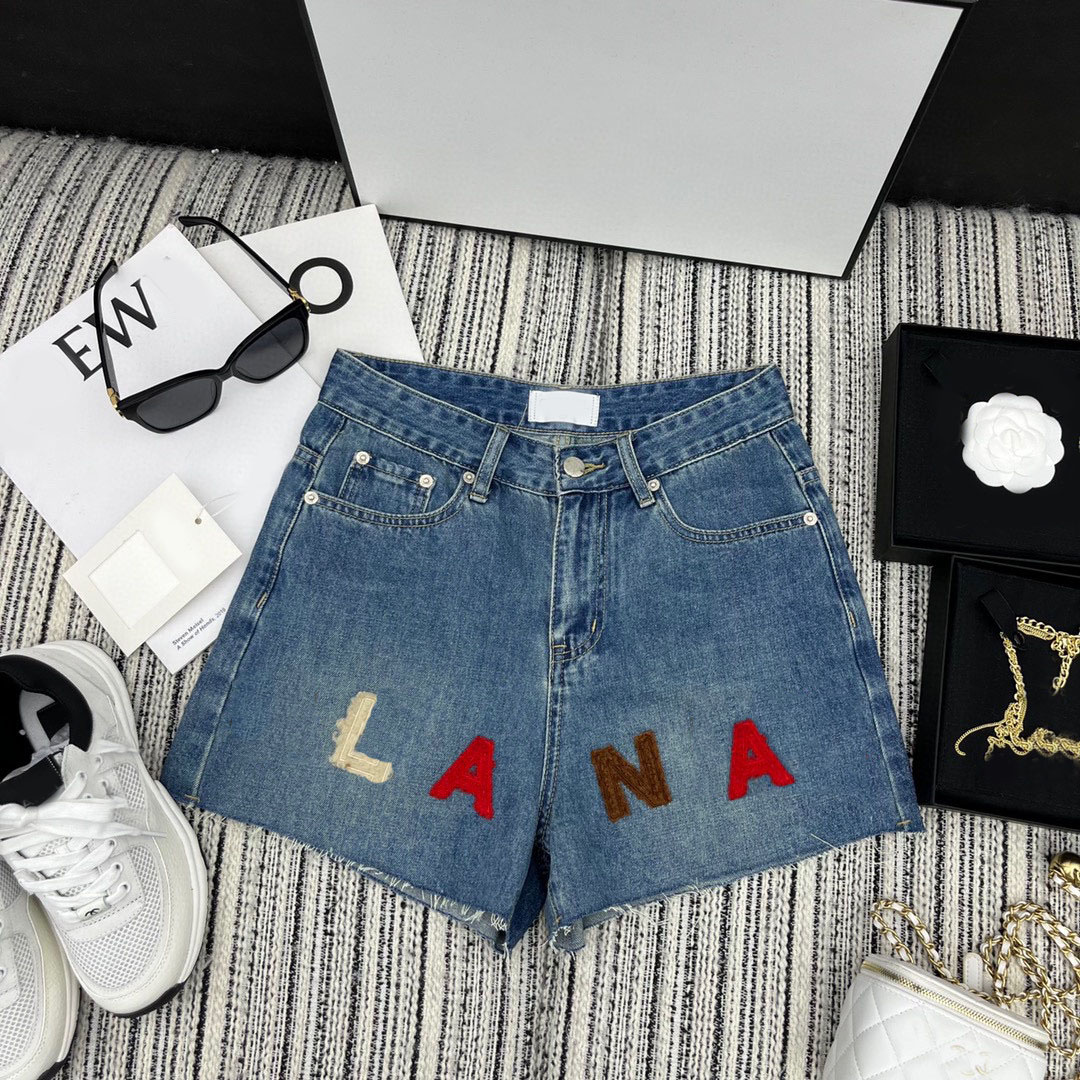 

2023 High Waist Letter Embroidery Denim Shorts Women Summer Basic Button Pocket Jean Shorts For Women All-match Streetwear Denim Short, Blue