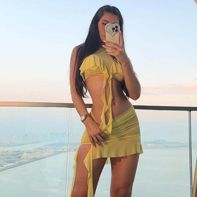 

Work Dresses Zabrina Mesh Sexy Two Piece Outfits For Women Fashion Sleeveless Tassel See Through Top Slim Fit Bodycon Short Skirt Set, Blue